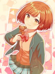 1girl absurdres blazer blush bow bowtie braid brown_eyes brown_hair cardigan highres holding jacket looking_at_viewer plaid_clothes plaid_skirt pleated_skirt project_sekai red_bow school_uniform sharahyar shinonome_ena shirt short_hair skirt smile solo
