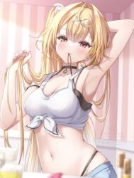 1girl ahoge arm_behind_head arm_up armpits blonde_hair blurry blush breasts cleavage closed_mouth commentary crop_top depth_of_field hair_intakes hair_ornament hand_up heterochromia highleg highleg_panties highres holding holding_own_hair hoshikawa_sara hoshikawa_sara_(1st_costume) indoors long_hair makeup medium_breasts meme_(mm_ta_mm) mouth_hold navel nijisanji panties panty_straps red_eyes shirt side_ponytail skindentation solo symbol-only_commentary tank_top tied_shirt underwear virtual_youtuber wallpaper_(object) white_tank_top x_hair_ornament yellow_eyes