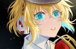 1girl absurdres aigis_(persona) android black_background blonde_hair blue_eyes bow fsmaichobpeg0 highres persona persona_3 red_bow robot_girl short_hair solo tearing_up teeth