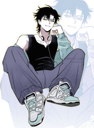 Rule 34 | 1boy, alternate costume, black hair, black tank top, blue jacket, blue pants, cheng xiaoshi, collarbone, earphones, full body, grey pants, hand on own cheek, hand on own face, hand up, head rest, headphones, headphones around neck, highres, holding, jacket, jacket partially removed, korean commentary, long sleeves, looking to the side, male focus, off shoulder, oofivee, pants, parted lips, shiguang dailiren, shirt, shoes, short hair, simple background, sitting, smile, sneakers, solo, tank top, twitter username, watermark, white background, white shoes, yellow eyes, zoom layer