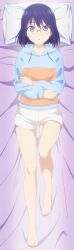 1girl absurdres anime_screenshot bare_legs barefoot bed bed_sheet bedroom blue_eyes blue_hair blue_hoodie dot_nose feet female_focus full_body highres hood hoodie hugging_object indoors kanojo_mo_kanojo legs long_image long_sleeves lying minase_nagisa on_back on_bed open_mouth pillow pillow_hug short_hair short_pants shorts solo solo_focus stitched thighs thighs_focus third-party_edit white_shorts