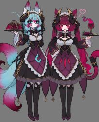 ... 2girls :&lt; :3 animal_ear_fluff animal_ears animal_nose apron arm_behind_back arm_up belly_chain black_bow black_bowtie black_corset black_dress black_horns black_ribbon black_sleeves black_thighhighs blue_eyes blue_fur blue_hair blue_tail blunt_bangs body_fur bow bowtie braided_sidelock breasts brooch cat_ears cat_girl cat_tail chain chalice cleavage cleavage_cutout clothing_cutout collared_dress colored_tips commentary corset criss-cross_straps cup curled_tail curved_horns detached_sleeves double-parted_bangs dress english_commentary eyebrows_hidden_by_hair eyeliner eyeshadow facial_mark fire food fox_ears fox_girl fox_tail framed_breasts frilled_apron frilled_dress frilled_sleeves frills frown fruit furrowed_brow furry furry_female gold_chain gold_trim grapes grey_background hair_between_eyes hair_ribbon half-closed_eyes hand_on_own_hip heart high_collar high_heels highres holding holding_tray horn_ornament horns jewelry juliet_sleeves large_breasts legs_together long_eyelashes long_hair long_sidelocks long_sleeves looking_at_viewer low-tied_long_hair low-tied_sidelocks maid maid_apron maid_headdress makeup marking_on_cheek matching_outfits medium_dress multicolored_dress multicolored_hair multiple_girls multiple_tails narrowed_eyes open_mouth original pink_eyeliner pink_eyeshadow pleated_dress puffy_sleeves purple_apron purple_dress purple_eyeliner purple_eyes purple_eyeshadow purple_fire purple_fur purple_hair purple_shoes purple_sleeves purple_tail red_eyes red_hair ribbon serving serving_dome shoes side-by-side sidelocks simple_background slit_pupils smile smirk smoke smoke_trail smug spoken_heart squeaky_(artist) steaming_cup straight-on streaked_hair tail tail_ornament tail_raised tail_through_clothes tassel thick_eyelashes thighhighs tray tsurime twintails two-tone_hair two-tone_sleeves two-tone_tail underbust v-shaped_eyebrows very_long_hair waist_apron wavy_hair white_bow white_fur white_trim wide_sleeves