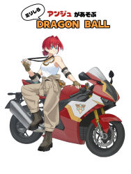 Rule 34 | 1girl, absurdres, alternate costume, ange katrina, bare shoulders, belt, belt pouch, black belt, blue eyes, boots, breasts, brown gloves, character name, closed mouth, copyright name, crossed bangs, dragon ball, dragon ball (object), elbow pads, fingerless gloves, full body, gloves, goggles, goggles around neck, grey boots, grey jumpsuit, hair between eyes, hair intakes, hair ornament, hand up, hashtag-only commentary, highres, holding stopwatch, izumi chibi, jumpsuit, leaning against motorcycle, looking to the side, motor vehicle, motorcycle, nijisanji, ponytail, pouch, red hair, short ponytail, simple background, small breasts, smile, solo, speech bubble, stopwatch, stopwatch around neck, toriyama akira (style), translation request, triangle hair ornament, turning head, vest, virtual youtuber, watch, white background, white vest