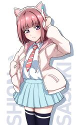 1girl adjusting_headphones animal_ear_headphones animal_ears black_thighhighs blue_skirt blunt_bangs blunt_ends blush bob_cut brown_hair cat_ear_headphones character_name closed_mouth collared_shirt commentary cowboy_shot diagonal-striped_clothes diagonal-striped_necktie dress_shirt drop_shadow fake_animal_ears hand_in_pocket headphones highres hood hooded_jacket ikizulive!_love_live!_bluebird jacket long_sleeves looking_at_viewer love_live! miniskirt necktie noochan_chonoda open_clothes open_jacket orange_necktie pleated_skirt purple_eyes sasaki_shion school_uniform shirt short_hair signature simple_background skirt smile solo standing striped_clothes thighhighs white_background white_jacket white_shirt zettai_ryouiki