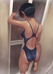 1girl 2boys ass barefoot black_hair blush breasts clothed_masturbation commentary_request competition_swimsuit covered_erect_nipples dark_skin feet female_masturbation from_behind highleg highleg_one-piece_swimsuit highres indoors kuronami_(lvi) lvi masturbation medium_breasts multiple_boys one-piece_swimsuit one-piece_tan original paid_reward_available public_indecency public_masturbation shiny_skin short_hair showering soles solo solo_focus standing standing_on_one_leg swimsuit tan tanline thighs toes tomboy wet
