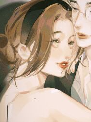 Rule 34 | 1boy, 1girl, black hairband, black jacket, brown eyes, brown hair, close-up, commentary, eyelashes, hair bun, hairband, hand on another&#039;s shoulder, highres, jacket, nnaramonn, original, parted lips, red lips, sidelocks, symbol-only commentary