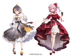2girls :3 :d ankle_garter ankle_strap black_bow black_dress black_footwear black_gloves black_hair blue_eyes bow brown_corset choker collar copyright_notice corset criss-cross_halter crossed_bangs crossed_legs detached_sleeves dress dress_flower fish_hair_ornament flower flower_trim footwear_bow footwear_flower frilled_dress frilled_sleeves frills full_body gloves gradient_clothes gradient_dress hair_between_eyes hair_flower hair_ornament halter_dress halterneck hand_up high-low_skirt high_heels jewelry lace lace_gloves layered_dress light_blush long_dress long_sleeves looking_at_viewer medium_dress medium_hair multicolored_dress multicolored_hair multiple_girls neck_ribbon nijisanji nijisanji_en nima_(niru54) official_art one_side_up open_mouth orange_bow orange_dress orange_hair orange_ribbon petra_gurin pink_hair pleated_dress puffy_long_sleeves puffy_short_sleeves puffy_sleeves red_choker red_dress red_eyes red_flower red_rose red_sleeves ribbon rose rosemi_lovelock sample_watermark short_hair short_sleeves sidelocks simple_background skirt_hold smile standing strapless strapless_dress streaked_hair thighlet topknot virtual_youtuber waist_bow watermark watson_cross white_background white_collar white_dress white_sleeves wrist_cuffs