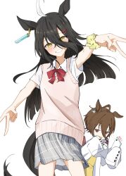 2girls ahoge animal_ears black_hair bow bowtie brown_hair cellphone censored chemical_structure coat collared_shirt ear_tag earrings grey_skirt grey_sweater gyaru_v hair_between_eyes hair_ornament hairclip hand_up holding holding_phone horse_ears horse_girl horse_tail jewelry ka_ga_chi lab_coat long_bangs long_hair long_hair_between_eyes looking_at_another manhattan_cafe_(umamusume) multicolored_hair multiple_girls open_clothes open_coat parted_lips phone pleated_skirt recording red_bow red_bowtie red_eyes scrunchie shirt short-sleeved_sweater short_sleeves simple_background single_earring skirt sleeves_past_fingers sleeves_past_wrists smartphone smile sweater tail umamusume v very_long_hair white_background white_coat white_hair white_shirt wrist_scrunchie yellow_eyes yellow_scrunchie yellow_sweater