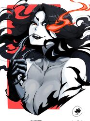 1girl black_hair breasts claws colored_skin glowing glowing_eye grin highres initial jgeorgedrawz large_breasts long_hair looking_at_viewer original red_eyes smile solo upper_body white_skin