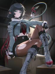 1girl animal_ears black_gloves black_hair black_shirt black_shorts blue_eyes blue_jacket blunt_bangs boots box breasts brown_pantyhose cardboard_box closed_mouth commentary crop_top cropped_jacket dagger fingerless_gloves fur_trim gloves grey_boots hibiwa high-waist_shorts highres holding holding_with_tail jacket jane_doe_(zenless_zone_zero) knee_boots knee_up knife long_hair long_sleeves looking_at_viewer low_ponytail medium_breasts midriff mouse_ears mouse_tail multicolored_hair nail_polish necktie open_clothes open_jacket pantyhose ponytail prehensile_tail red_hair red_nails shirt short_shorts shorts sitting smile solo tail tail_raised torn_clothes torn_pantyhose turtleneck two-tone_hair undershirt very_long_hair weapon zenless_zone_zero