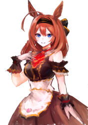 1girl absurdres ahoge animal_ears apron arm_garter armband ascot bare_shoulders blue_eyes breasts brooch brown_dress brown_hair brown_hairband buttons commentary_request cowboy_shot detached_collar double-breasted double-parted_bangs dress faux_traditional_media frilled_apron frilled_armband frills gem grin hair_between_eyes hairband hand_on_own_chest highres horse_ears impossible_clothes impossible_dress jewelry large_breasts long_hair looking_at_viewer mihono_bourbon_(code:glassage)_(umamusume) mihono_bourbon_(umamusume) official_alternate_costume okitsuma red_ascot red_brooch red_gemstone simple_background sleeveless sleeveless_dress smile solo umamusume underbust waist_apron white_background wrist_cuffs