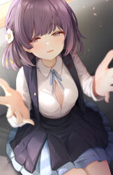 1girl absurdres blue_overskirt blue_ribbon blue_skirt blue_vest blush breasts commentary_request flower gakuen_idolmaster hair_flower hair_ornament hataya_misuzu hatsuboshi_gakuen_school_uniform highres idolmaster looking_at_viewer mole mole_under_mouth neck_ribbon open_clothes open_vest partial_commentary partially_unbuttoned pleated_skirt purple_hair ribbon school_uniform shirt short_hair sitting skirt skirt_set sky_cappuccino small_breasts smile solo thighs vest white_shirt