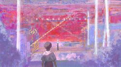 2boys abstract black_pants brown_hair brush_stroke collared_shirt colorful copyright_name faux_traditional_media from_behind grey_hair highres hj_hikari0606 ikari_shinji impressionism multiple_boys nagisa_kaworu neon_genesis_evangelion painterly pants railroad_crossing railroad_tracks shirt short_hair short_sleeves white_shirt wide_shot