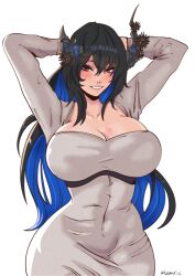 1girl aisenma asymmetrical_horns black_hair blue_hair blush breasts colored_inner_hair crystal_horns demon_horns flower hair_ornament highres hololive hololive_english horn_flower horns large_breasts long_hair looking_at_viewer mole mole_under_eye multicolored_hair nerissa_ravencroft red_eyes smile solo split-color_hair two-tone_hair uneven_horns virtual_youtuber