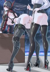 2girls absurdres anus arm_support ass barcode barcode_tattoo bent_over black_boots black_shoes black_skirt black_thighhighs blue_eyes blue_hair blush boots breasts chest_harness clenched_teeth colored_shoe_soles commentary_request cum cws1122uu egg_vibrator erection futa_with_female futanari garter_straps grabbing_another&#039;s_hair hand_on_own_hip harness high-waist_skirt high_heels highres holding_another&#039;s_hair horns imminent_penetration imminent_vaginal just_the_tip korean_commentary large_breasts leg_tattoo long_sleeves mechanical_horns mechanical_spine multiple_girls nipple_clamps nipples number_tattoo one_eye_closed original penis pouch pumps pussy sex_toy shirt shoes shrug_(clothing) skirt standing tattoo teeth thigh_boots thigh_pouch thighhighs trembling uncensored vibrator white_shirt