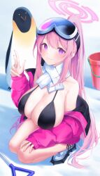 1girl absurdres bikini bird black_bikini blue_archive blush boots breasts cleavage closed_mouth eimi_(blue_archive) eimi_(swimsuit)_(blue_archive) gaoqiaoyuyin_takahashi goggles goggles_on_head hair_between_eyes hand_on_own_thigh highres huge_breasts jacket long_hair looking_at_viewer official_alternate_costume official_alternate_hairstyle penguin pink_hair pink_jacket pink_nails ponytail purple_eyes scarf sidelocks smile snow_goggles squatting swimsuit white_boots white_scarf