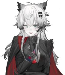 1girl :d absurdres animal_ears arknights black_cape black_gloves black_hair black_jacket cape chinese_commentary commentary_request gagav52123 gloves gradient_hair grey_eyes grey_hair hair_between_eyes hair_ornament hairclip hand_on_own_elbow highres jacket lappland_(arknights) lappland_the_decadenza_(arknights) long_hair long_sleeves looking_at_viewer multicolored_hair open_mouth red_cape scar scar_across_eye scar_on_face simple_background smile solo two-sided_cape two-sided_fabric upper_body white_background white_hair wolf_ears wolf_girl