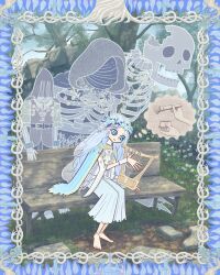 Rule 34 | 1girl, 3others, :|, absurdres, anklet, barefoot, bench, bibuo, blue cape, blue eyes, border, braid, cape, closed mouth, doll joints, dress, elden ring, elden ring nightreign, flower wreath, head wreath, highres, holding, holding instrument, holding lyre, in-universe location, instrument, jewelry, joints, low twin braids, lyre, makeup brush, makeup palette, multiple others, music, ornate border, outdoors, playing instrument, revenant (elden ring), sitting, skeleton, skirt, sky, speech bubble, spirit, thinking, thought bubble, twin braids, white dress