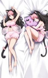 Rule 34 | 1girl, 2022, animal ears, bed sheet, black hair, blush, cat ears, dakimakura (medium), darlingstrawb, dvdraw, highres, indie virtual youtuber, looking at viewer, looking back, multiple views, nightgown, pillow, pink nightgown, sleep mask, socks, stuffed toy, tail, toe socks, virtual youtuber, white socks