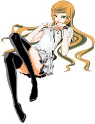 Rule 34 | 1girl, alternate costume, bad id, bad pixiv id, ben 10, ben 10: alien force, black thighhighs, derivative work, dress, female focus, green eyes, gwen tennyson, long hair, lying, open mouth, orange hair, parody, say show, smile, solo, thighhighs, vocaloid, white dress, world is mine (vocaloid), wristband