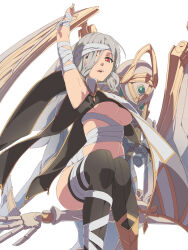 1girl 1other bandaged_arm bandaged_leg bandaged_torso bandages breasts chiharu_(9654784) cloak closed_mouth eiyuu_densetsu hair_between_eyes hair_over_one_eye highres kuro_no_kiseki_(series) kuro_no_kiseki_i looking_at_viewer olympia_(eiyuu_densetsu) open_mouth parted_bangs red_eyes short_hair simple_background thighhighs underboob white_background white_cloak white_hair