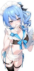 1girl alternate_costume arms_up asymmetrical_sidelocks bikini black_bikini black_thighhighs blue_bikini blue_eyes blue_hair blue_ribbon blue_sailor_collar blush commentary darjeeling_(reley) detached_collar double-parted_bangs flat_chest frilled_sailor_collar frills hair_between_eyes hair_ribbon hands_up highleg highleg_bikini highres holding holding_tray hololive hoshimachi_suisei looking_at_viewer maid maid_bikini medium_hair nail_polish navel o-ring o-ring_thigh_strap open_mouth ribbon sailor_collar side-tie_bikini_bottom side_ponytail simple_background single_thighhigh solo star_(symbol) star_in_eye stomach swimsuit symbol-only_commentary symbol_in_eye thigh_strap thighhighs tray unconventional_maid virtual_youtuber wavy_mouth white_background wrist_cuffs