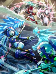 Rule 34 | 1boy, 2girls, android, battle, blue eyes, capcom, commentary request, crop top, dragon, fairy leviathan (mega man), hat, helmet, holding, holding polearm, holding weapon, in-franchise crossover, mega man (series), mega man star force (series), mega man star force 3, mega man zero (series), mega man zero 2, mega man zx, mega man zx advent, multiple girls, napo, polearm, queen tia (mega man), red eyes, thetis (mega man), weapon