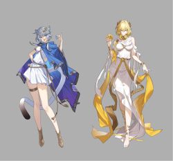 Rule 34 | 2girls, :d, absurdres, aglaea (honkai: star rail), alternate costume, animal ears, bare legs, bare shoulders, barefoot, blonde hair, blue cape, blue eyes, bracelet, cape, cat ears, cipher (honkai: star rail), dress, grey background, grey hair, highres, holding, honkai: star rail, honkai (series), jewelry, little modao, looking at viewer, multiple girls, open mouth, shoes, short dress, short hair, simple background, smile, standing, thigh strap, white dress