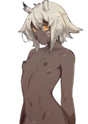 1girl breasts closed_mouth commentary completely_nude cowboy_shot dark-skinned_female dark_skin english_commentary expressionless facial_mark facial_scar female_pubic_hair hair_horns highres kokuya_(kokuya28) looking_at_viewer navel nipples nude orange_eyes original pubic_hair pubic_hair_peek scar scar_on_cheek scar_on_face simple_background small_breasts solo tooru_(kokuya28) very_dark_skin whisker_markings white_hair white_pubic_hair