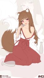 1girl absurdres alternate_costume animal_ears blush breasts brown_hair cleavage_cutout clothing_cutout cup drunk fake_animal_ears fang hakama highres holding holding_cup holo japanese_clothes kimono likunea long_hair miko open_mouth red_eyes red_hakama single_bare_shoulder sitting solo spice_and_wolf tail wariza white_kimono wolf_girl wolf_tail