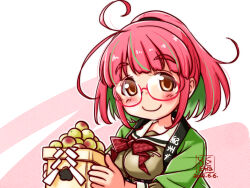 1girl ahoge artist_logo bow bowtie box brown_eyes c: closed_mouth commentary_request green_hair hair_tie holding holding_box kantai_collection kutone_shirika logo multicolored_hair pink-framed_eyewear pink_hair plum ponytail red_bow red_bowtie sailor_collar sailor_shirt school_uniform semi-rimless_eyewear serafuku shirt short_hair smile streaked_hair translation_request ume_(kancolle) under-rim_eyewear white_sailor_collar