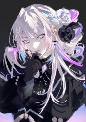 1boy androgynous black_flower black_gloves blue_hair diamond-shaped_brooch earrings flower gloves hair_flower hair_ornament hand_on_own_chin highres holostars jewelry long_hair long_sleeves male_focus multicolored_hair official_alternate_costume pink_hair solo suda_(svdaaa) utsugi_uyu white_eyes white_flower white_hair