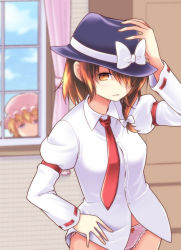 2girls blonde_hair blue_sky bow brown_eyes brown_hair curtains day hair_over_one_eye hand_on_headwear hat hat_bow juliet_sleeves long_sleeves looking_at_viewer maribel_hearn mob_cap multiple_girls necktie no_pants open_mouth panties peeking pink_panties puffy_sleeves purple_eyes satou_yuuki shirt sky smile touhou underwear usami_renko white_bow white_shirt window