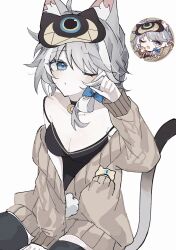 1girl ahoge animal_ears black_camisole black_thighhighs blue_eyes breasts brown_sweater camisole cat cat_ears cat_girl cat_tail cipher_(honkai:_star_rail) cleavage grey_hair highres honkai:_star_rail honkai_(series) hyb_muyuu large_breasts looking_at_viewer mask mask_on_head official_alternate_costume official_art_inset one_eye_closed reference_inset rubbing_eyes short_hair short_hair_with_long_locks simple_background sitting sleep_mask solo sweater tail thighhighs white_background
