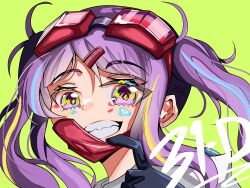 1girl absurdres black_gloves eyewear_on_head gloves goggles goggles_on_head h_ans_(hmn_anz) heaven_burns_red highres ishii_iroha mask mask_pull multicolored_hair purple_eyes purple_hair sharp_teeth solo streaked_hair teeth twintails