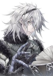 1boy arm_up armored_gloves belt black_belt black_fur blue_eyes book chain closed_mouth expressionless fur-trimmed_vest fur_trim gloves hair_belt hair_between_eyes holding holding_book looking_to_the_side male_focus medium_hair nier nier_(brother) nier_(series) open_book setsumushi sideways_glance simple_background solo upper_body vest white_background white_hair