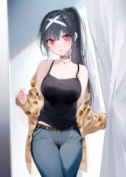 1girl absurdres belt black_hair camisole cowboy_shot curtains denim fushi_tantei:_reidou_momiji hair_ornament hands_up high_ponytail highres indoors jacket jeans long_hair mirror miwano_rag novel_illustration off_shoulder official_art open_clothes open_jacket pants parted_lips ponytail red_eyes reflection reidou_momiji second-party_source solo standing x_hair_ornament