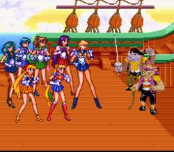 16-bit 16bit 2boys 6+girls aino_minako bebop bishoujo_senshi_sailor_moon black_hair blonde_hair blue_hair brown_hair game_console green_hair hino_rei kaiou_michiru kino_makoto mizuno_ami multiple_boys multiple_girls rocksteady ship snes sunset super_nintendo ten&#039;ou_haruka tsukino_usagi watercraft
