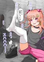 1girl boots candy feet food highres light_blush lollipop long_hair noka2nji open_mouth orange_hair pink_eyes shoes smelling soles steam thighhighs translated twintails unworn_shoes white_thighhighs