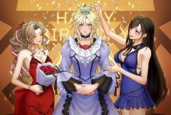 Rule 34 | 1boy, 2girls, absurdres, aerith gainsborough, aerith gainsborough (red dress), bare shoulders, birthday, black hair, black ribbon, blonde hair, blue dress, blue eyes, blush, bouquet, breasts, brown hair, cleavage, closed mouth, cloud strife, cloud strife (ball gown), confetti, cowboy shot, crossdressing, crown, dress, final fantasy, final fantasy vii, final fantasy vii remake, flower, frilled sleeves, frills, hair between eyes, halterneck, happy birthday, hashtag-only commentary, highres, holding, holding bouquet, juliet sleeves, large breasts, long hair, long sleeves, messa mo, multiple girls, neck ribbon, official alternate costume, open mouth, own hands together, parted bangs, parted lips, puffy sleeves, purple dress, red dress, red eyes, red flower, red rose, ribbon, rose, short dress, small breasts, smile, strapless, strapless dress, tifa lockhart, tifa lockhart (refined dress)