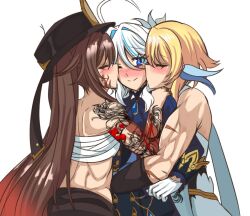 3girls ;) ahoge arm_tattoo bandages bare_shoulders black_hat blonde_hair blue_eyes blue_jacket blush brooch brown_hair chest_sarashi closed_eyes clothes_around_waist commentary dress furina_(genshin_impact) genshin_impact gloves hair_intakes hat hu_tao_(genshin_impact) jacket jacket_around_waist jewelry long_hair long_sleeves looking_at_viewer lumine_(genshin_impact) midriff multiple_girls muscular muscular_female nose_blush one_eye_closed polygamy sarashi scar simple_background smile strapless tattoo tube_top upper_body very_long_hair white_background white_dress white_gloves white_hair yukiart_83 yuri