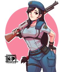 Rule 34 | 1girl, beret, black gloves, black hair, blue hat, blue pants, blue shirt, cosplay, final fantasy, final fantasy vii, fingerless gloves, gloves, gun, hand on own hip, hat, highres, holding, holding gun, holding weapon, jill valentine, jill valentine (cosplay), long hair, nudiedoodles, one eye closed, pants, resident evil, shirt, shotgun, shoulder pads, signature, smile, tifa lockhart, weapon