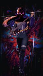 1girl absurdres blood boots chromatic_aberration clair_obscur:_expedition_33 eranahh eye_trail fingerless_gloves gloves glowing glowing_eyes heavy_chromatic_aberration highres knee_boots light_trail long_hair maelle_(clair_obscur:_expedition_33) rapier red_hair solo sword weapon