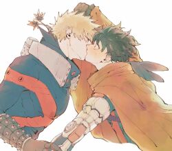 2boys bakugou_katsuki blonde_hair boku_no_hero_academia cape commentary_request freckles french_kiss from_side gloves green_eyes green_hair highres k90108119 kiss looking_at_another male_focus midoriya_izuku multiple_boys scar scar_on_face short_hair simple_background spiked_hair superhero_costume upper_body white_background yaoi yellow_cape