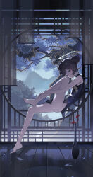 Rule 34 | 1girl, absurdres, architecture, black dress, black hair, blue archive, braid, braided bun, breasts, butterfly hair ornament, china dress, chinese clothes, double bun, dragon print, dress, east asian architecture, flower, grey eyes, grey halo, groin, hair bun, hair ornament, halo, highres, holding legs, kisaki (blue archive), looking at viewer, no legwear, print dress, sb lama, sleeveless, sleeveless dress, small breasts, solo, swept bangs, thighs, vase