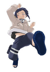 Rule 34 | 1girl, arm up, black pants, black shirt, blue hair, blush, breasts, commentary, fingernails, forehead protector, fur trim, holster, hood, hoodie, hyuuga hinata, jumping, long sleeves, looking at viewer, medium breasts, midriff, naruto (classic), naruto (series), navel, no pupils, one eye closed, pants, ponnu (skeb boshuuchu), sandals, shirt, shoes, short hair, simple background, smile, solo, thigh holster, toenails, white background, white eyes, zipper, zipper pull tab