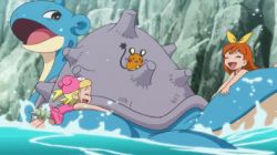 10s 2girls animated animated_gif blonde_hair bonnie_(pokemon) brown_hair creatures_(company) dedenne game_freak gen_1_pokemon gen_6_pokemon heidi_(pokemon) lapras lowres multiple_girls nintendo orange_hair pokemon pokemon_(anime) pokemon_(creature) pokemon_xy screencap splashing swimsuit water
