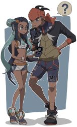 1boy 1girl ? belly_chain black_hair blue_eyes blue_hair commentary_request dark-skinned_female dark-skinned_male dark_skin earrings eyelashes full_body hair_bun half_updo hand_on_own_hip headband highres holding holding_pokedex hoop_earrings jewelry labell_xx nessa_(pokemon) nintendo orange_headband pokedex pokemon pokemon_sm raihan_(pokemon) short_shorts shorts sidelocks sports_bra v-shaped_eyebrows