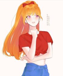 Rule 34 | 1girl, aged up, bad link, blossom (ppg), blue pants, bow, denim, english text, jeans, looking to the side, midriff, open mouth, orange hair, pants, pink eyes, ponytail, powerpuff girls, red bow, red shirt, shirt, simple background