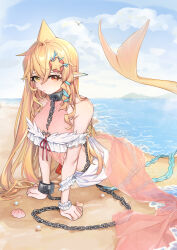1girl absurdres beach blonde_hair breasts collar commentary_request cuffs cuffs-to-collar gem guyusang heterochromia highres indie_virtual_youtuber kaofish large_breasts long_hair looking_at_viewer mermaid metal_collar monster_girl pearl_(gemstone) pointy_ears red_eyes seashell shell shore solo yellow_eyes